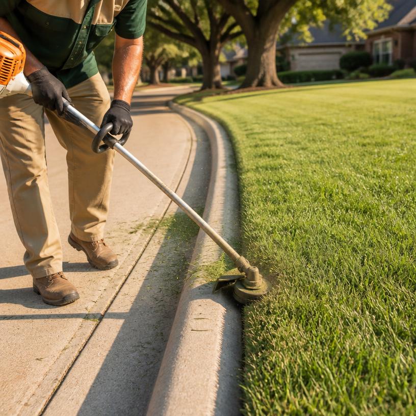 Goat Kings lawn care professional edging a Dallas sidewalk