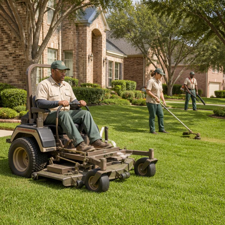 Goat Kings landscaping crew mowing a lawn in Dallas