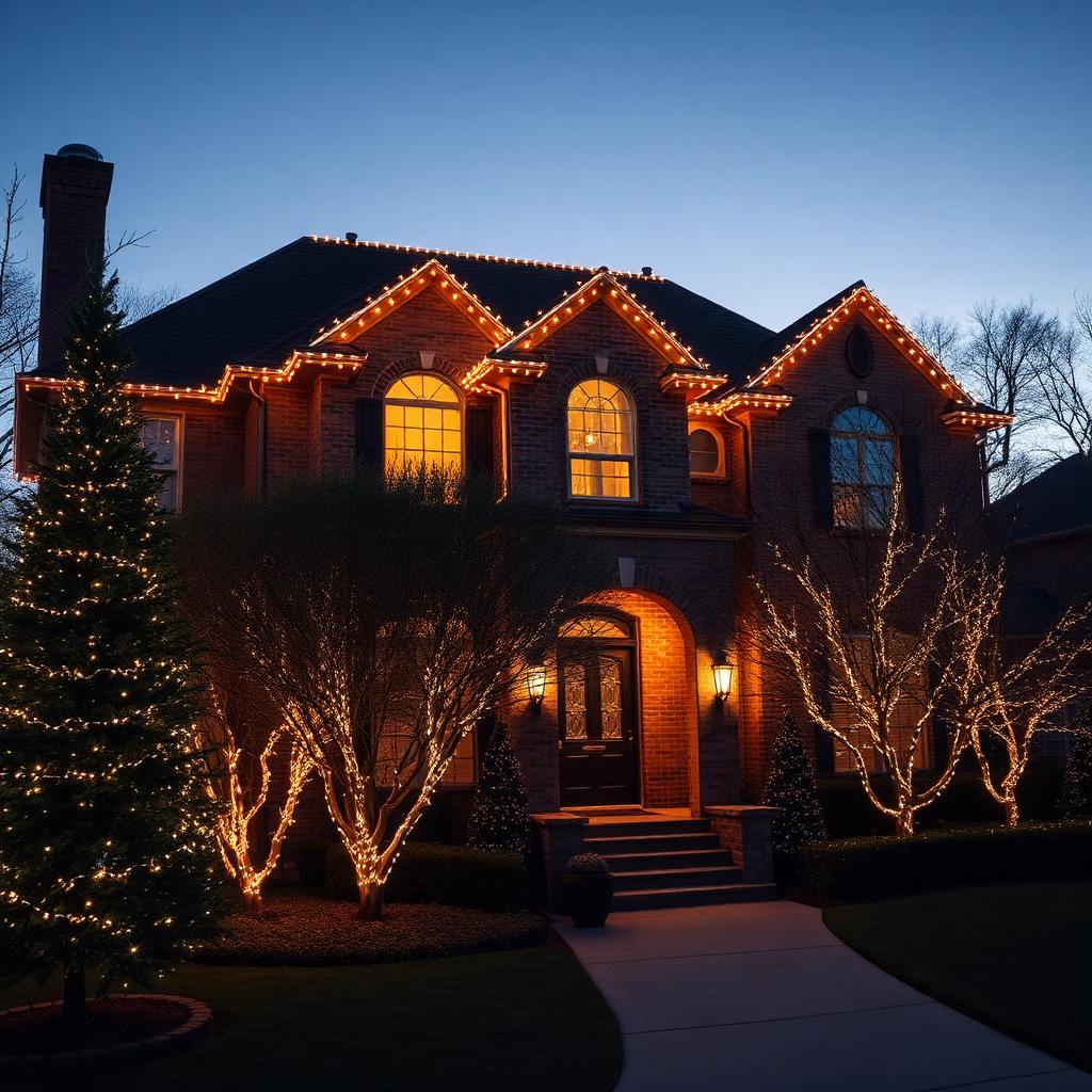 Dallas home with professional Christmas lights at dusk