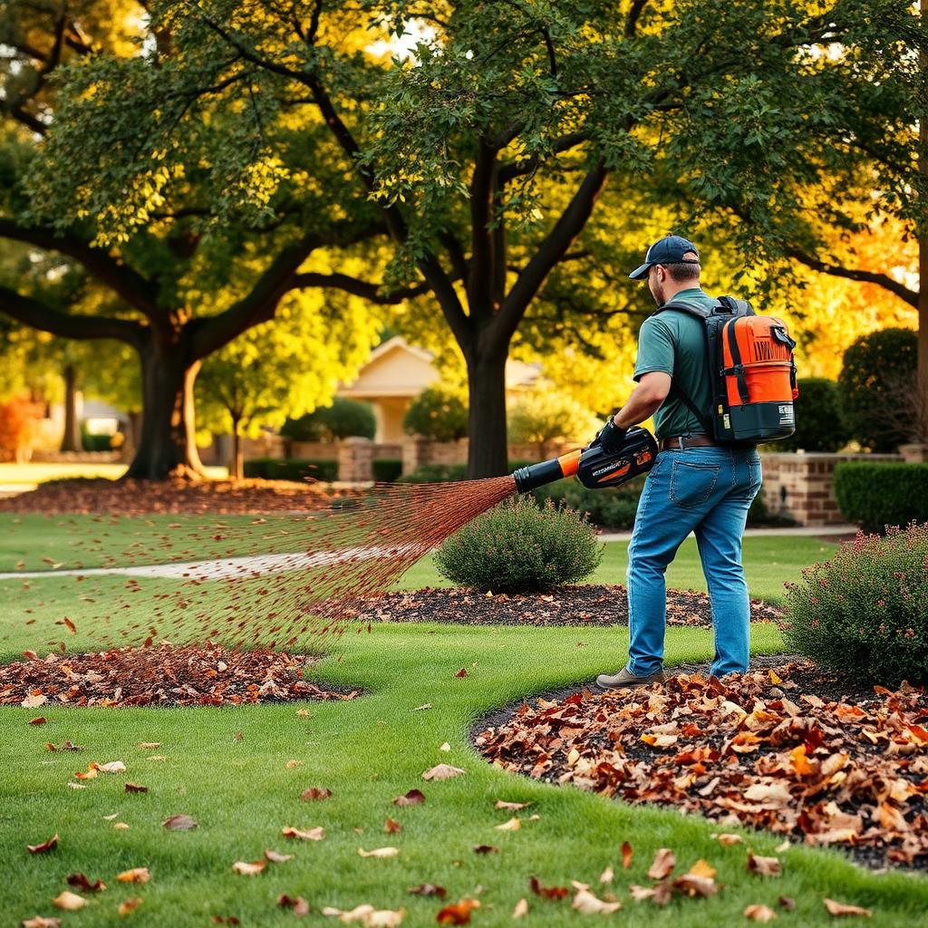 Landscaper using a commercial backpack blower to clear fall leaves on a Dallas suburban lawn