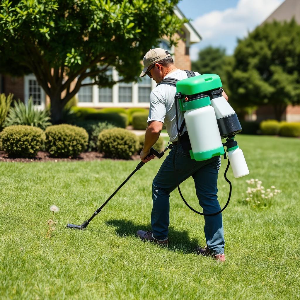 Technician spot-treating weeds on a Dallas lawn