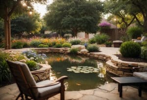 Tranquil backyard oasis in Colleyville, TX, with a stone-lined pond, abundant flowers, and cozy patio furniture.