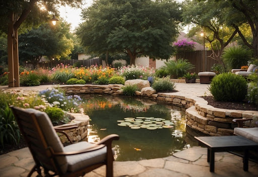 Tranquil backyard oasis in Colleyville, TX, with a stone-lined pond, abundant flowers, and cozy patio furniture.