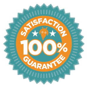 A teal and orange badge with a goat head, two stars, and the words 100% Satisfaction Guarantee in bold white letters.